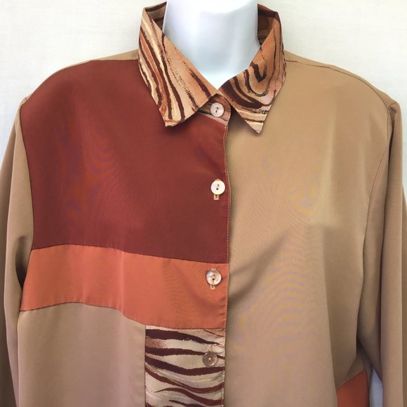 Maggie Sweet Womens Top Brown Long Sleeve Button Up Blouse Tunic Shirt Padded PL - Picture 2 of 8